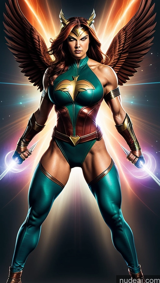 ai nude image of a woman with wings and a sword in a green outfit pics of Superheroine Perfect Boobs Muscular Abs Hawkgirl Several Powering Up Science Fiction Style Dynamic View Heat Vision