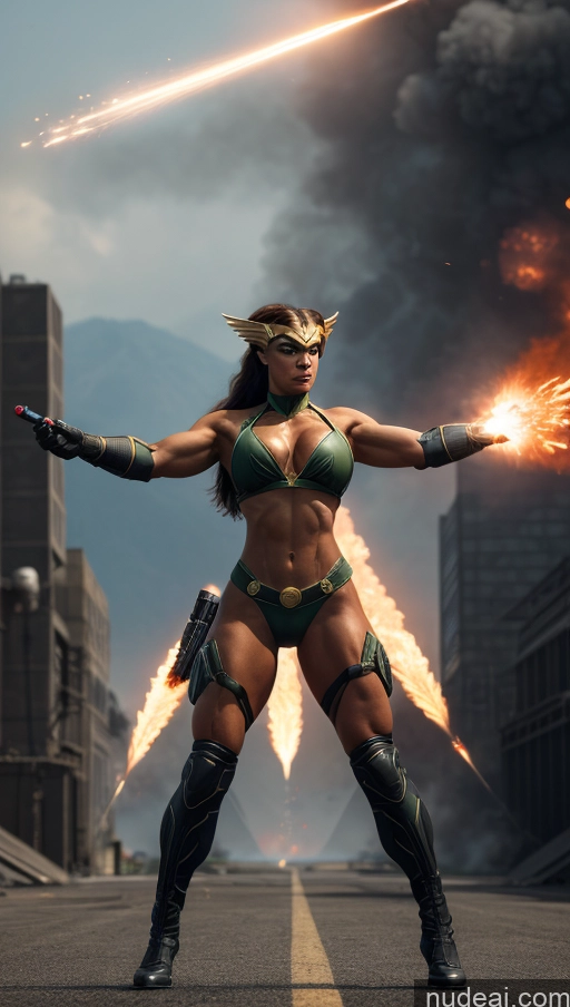 ai nude image of arafed woman in a bikini and armor holding a gun pics of Perfect Boobs Hawkgirl Several Powering Up Science Fiction Style Dynamic View Heat Vision Battlefield Bodybuilder