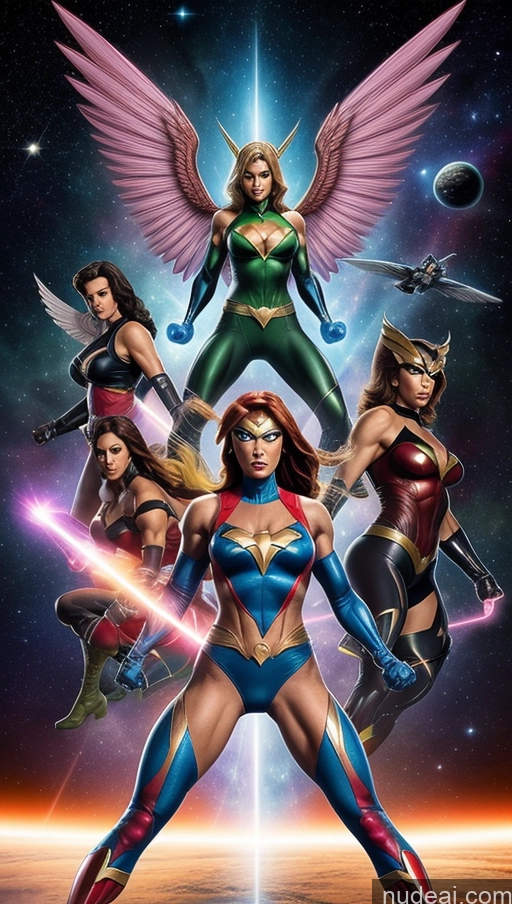 ai nude image of a poster of the dc superhero girls pics of Perfect Boobs Hawkgirl Several Powering Up Science Fiction Style Dynamic View Heat Vision Superheroine Muscular Abs Space