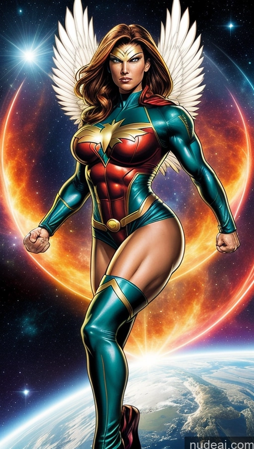 ai nude image of a woman in a costume with wings flying over the earth pics of Perfect Boobs Hawkgirl Several Powering Up Science Fiction Style Dynamic View Heat Vision Superheroine Muscular Abs Space