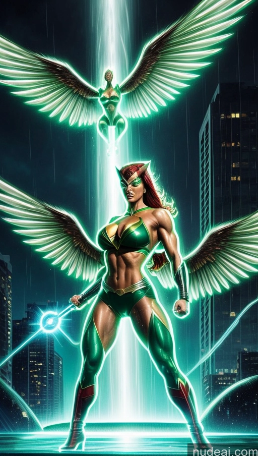 ai nude image of a woman with wings standing in front of a fountain pics of Perfect Boobs Hawkgirl Several Powering Up Science Fiction Style Dynamic View Heat Vision Superheroine Muscular Abs Shower Neon Lights Clothes: Green