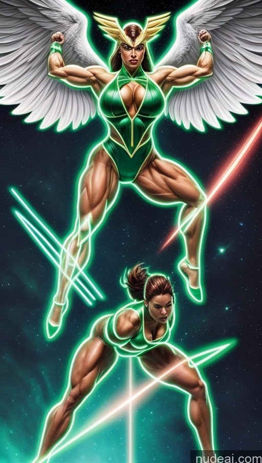 ai nude image of a woman in a green outfit and angel wings are fighting over a woman pics of Perfect Boobs Hawkgirl Several Powering Up Science Fiction Style Dynamic View Heat Vision Neon Lights Clothes: Green Bodybuilder