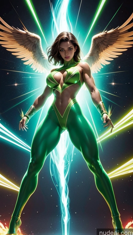 ai nude image of a woman in a green costume with wings and a glowing halo pics of Perfect Boobs Hawkgirl Several Powering Up Science Fiction Style Dynamic View Heat Vision Neon Lights Clothes: Green Bodybuilder