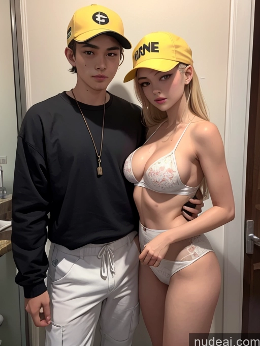 ai nude image of araffed couple posing in a bathroom with a yellow hat pics of Woman + Man Two Perfect Boobs Beautiful 18 Sexy Face Blonde Korean Bathroom Construction Worker