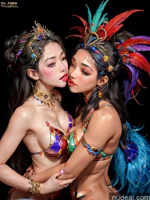 ai nude image of two women in colorful costumes kissing each other in a photo pics of Model Beautiful Skinny 18 Black Hair Long Hair Japanese Kisses Two Dance Dress: Samba