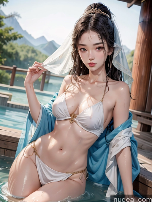 ai nude image of araffe woman in a white bikini and blue shawl in a pool pics of Model Beautiful Skinny 18 Black Hair Long Hair Japanese Two Hot Tub China Goddess Fashion