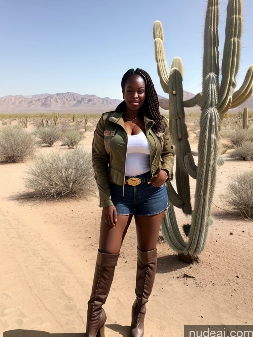 ai nude image of araffe woman standing in front of a cactus in the desert pics of Busty Perfect Boobs Beautiful Perfect Body Dark Skin Straight Nigerian Soft + Warm Desert Boots Jacket Military