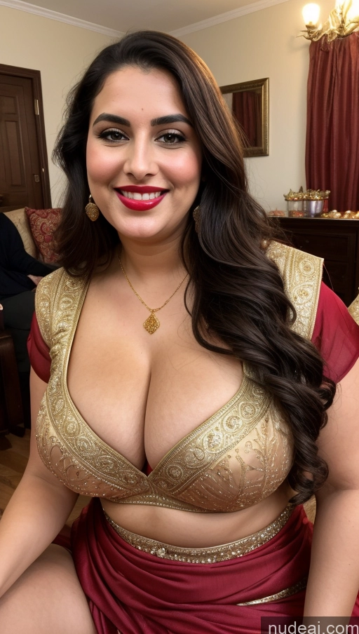 ai nude image of araffe woman in a sari posing for a picture pics of Milf Busty Beautiful Lipstick Thick Chubby Big Hips Fat 20s Happy Seductive Brunette Long Hair Russian Party Front View Straddling Sari Blouse Dirndl Victorian Cleavage Gold Jewelry