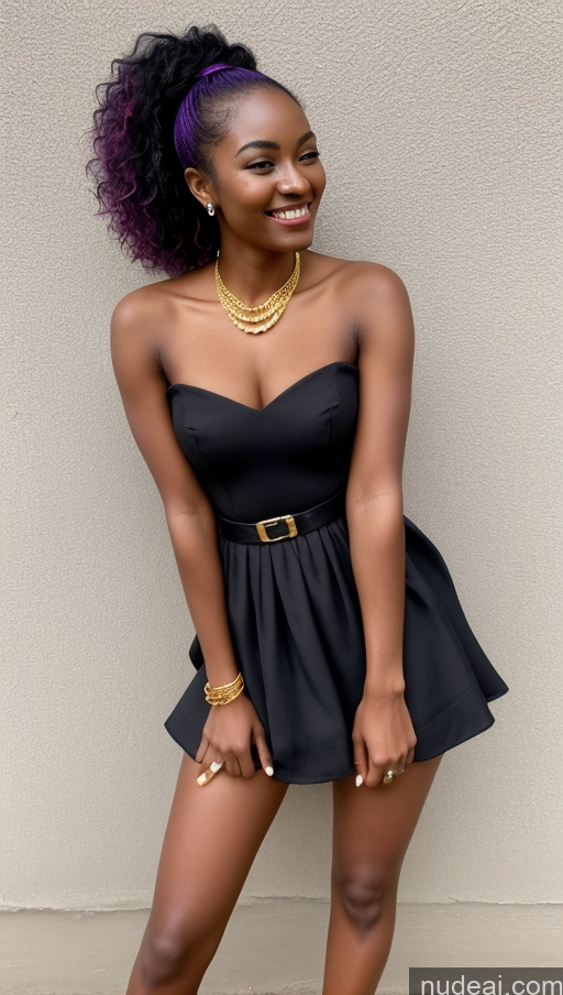 ai nude image of araffe woman with purple hair and a black dress posing for a picture pics of Two Tanned Skin Dark Skin Happy Seductive Sexy Face Purple Hair Black High Heels Teacher Gold Jewelry Sorority Small Ass Skinny Long Legs