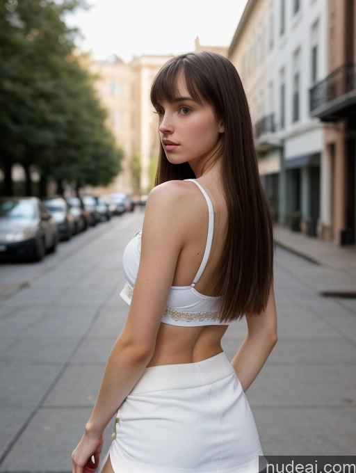 ai nude image of arafed woman in white dress standing on the side of the street pics of Sorority Small Tits Skinny Small Ass Short Fairer Skin Beautiful 18 Serious Seductive Brunette White Street Crop Top Mini Skirt Bangs