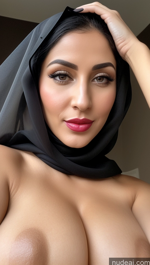 ai nude image of araffed woman with a veil on her head and a pink lipstick pics of Woman One Huge Boobs Lipstick Fairer Skin 30s Close-up View Detailed Black Hair Arabic Slicked Nude Niqab Beautiful