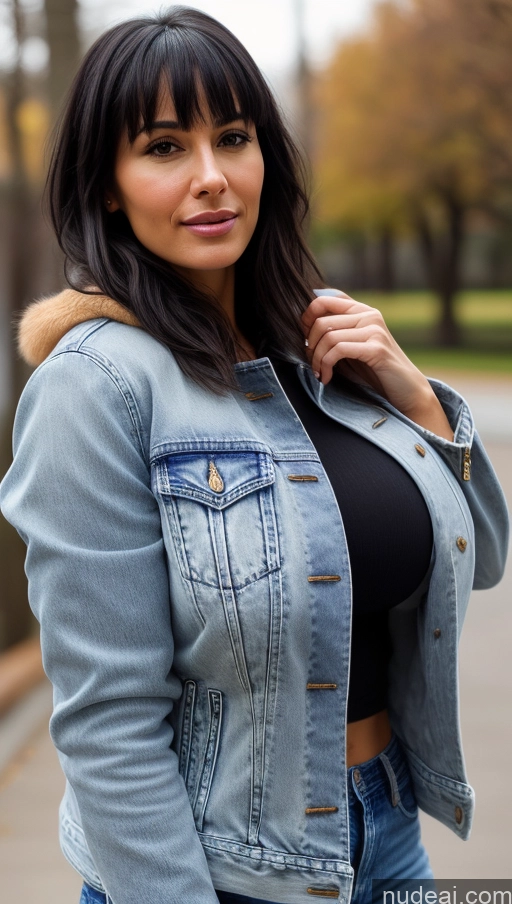 ai nude image of araffe woman in a denim jacket and jeans posing for a picture pics of Woman One Huge Boobs 30s Close-up View Detailed Black Hair Beautiful White Bangs Jeans Jacket