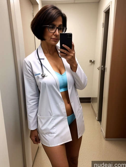 ai nude image of arafed woman in a white lab coat taking a selfie in a mirror pics of Milf Perfect Boobs Perfect Body 60s Hospital Doctor Lab Coat Panties Cleavage Partially Nude Glasses Bobcut Indian