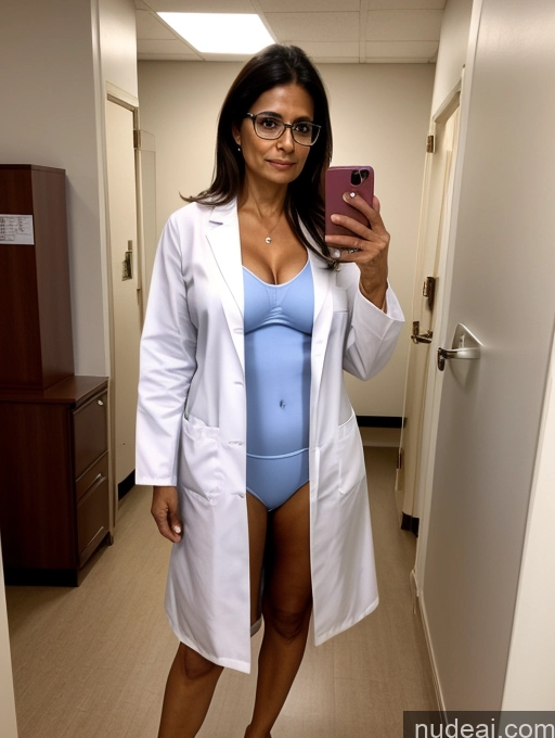 ai nude image of arafed woman in a lab coat taking a selfie in a hallway pics of Milf Perfect Boobs Perfect Body 60s Hospital Doctor Lab Coat Panties Cleavage Partially Nude Glasses Straight Indian