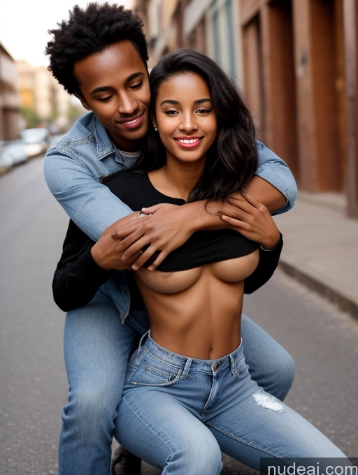 ai nude image of there is a man and woman hugging on the street pics of Perfect Boobs Beautiful Lipstick Skinny Perfect Body Pubic Hair 18 On Back Abs Thick Straight Black Hair Ethiopian Tanned Skin Small Ass Woman + Man Two Carry On Back Hug From Behind Jeans Street Small Tits