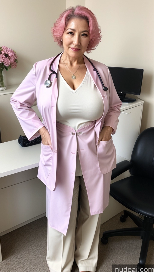 ai nude image of arafed woman in a pink coat and white shirt standing in front of a desk pics of Milf Busty Big Ass Big Hips Fairer Skin Pubic Hair 70s Pink Hair Korean Doctor