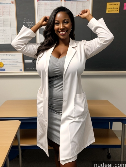 ai nude image of smiling woman in lab coat posing in front of a blackboard pics of Woman One Busty Huge Boobs Beautiful Skinny 30s Happy Brunette Black Dark Skin Nude Lab Coat Straight Teacher T-pose