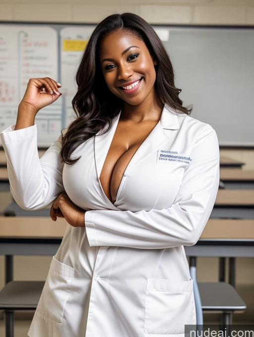 ai nude image of arafed woman in lab coat posing for a picture in a classroom pics of Woman One Busty Huge Boobs Beautiful Skinny 30s Happy Brunette Black Dark Skin Nude Lab Coat Straight Teacher T-pose