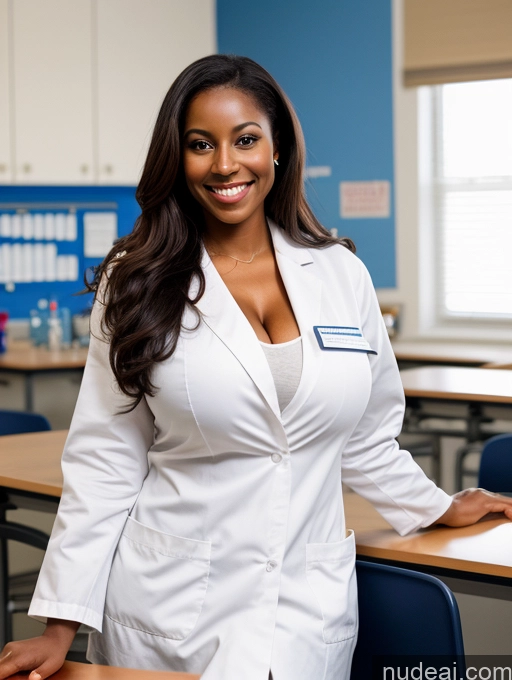 ai nude image of smiling woman in lab coat standing in front of desk in classroom pics of Woman One Busty Beautiful Skinny 30s Happy Brunette Black Dark Skin Nude Lab Coat Straight Huge Boobs Teacher