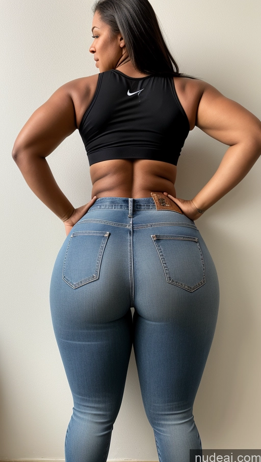 ai nude image of araffe woman in a black top and jeans standing against a wall pics of Athlete Big Ass Big Hips Jeans