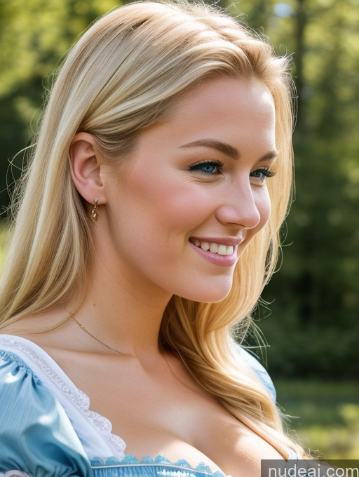 ai nude image of blonde woman with blue dress smiling in front of trees pics of Huge Boobs Perfect Body 18 Happy Sexy Face Blonde Scandinavian Dirndl Medieval Cleavage Bright Lighting Side View