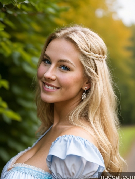 ai nude image of blonde woman with blue dress smiling in front of a fence pics of Huge Boobs Perfect Body 18 Happy Sexy Face Blonde Scandinavian Dirndl Medieval Cleavage Bright Lighting Side View