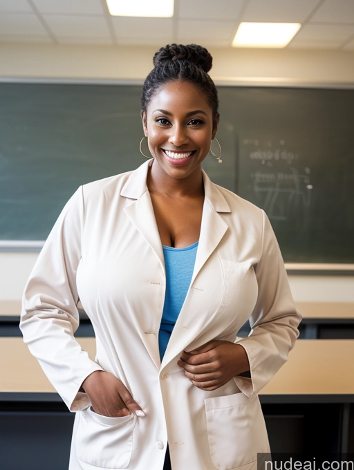 ai nude image of smiling woman in lab coat standing in front of a blackboard pics of Busty Huge Boobs Beautiful Woman Skinny 30s Happy Brunette Hair Bun Black Dark Skin Nude Lab Coat Teacher