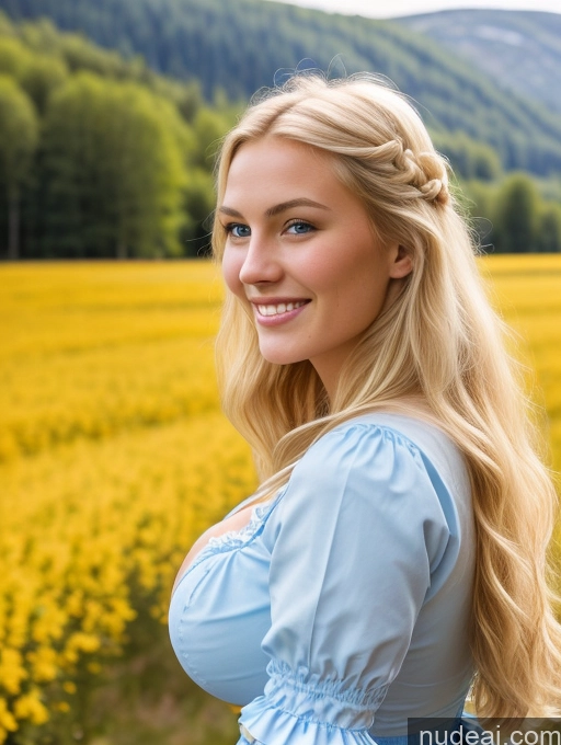 ai nude image of blonde woman in blue dress standing in field of yellow flowers pics of Huge Boobs Perfect Body 18 Happy Sexy Face Blonde Scandinavian Dirndl Medieval Cleavage Bright Lighting Side View