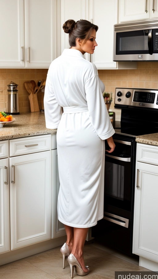 ai nude image of woman in white robe standing in kitchen with stove and microwave pics of Perfect Body Huge Boobs 60s Seductive Brunette Hair Bun German 3d Kitchen Back View 80s Bright Lighting Bathrobe High Heels Milf Sexy Face Serious Bending Over One