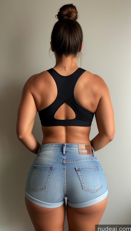 ai nude image of arafed woman in a black top and blue shorts standing in front of a wall pics of Big Ass Big Hips Athlete Jeans Short Shorts Back View