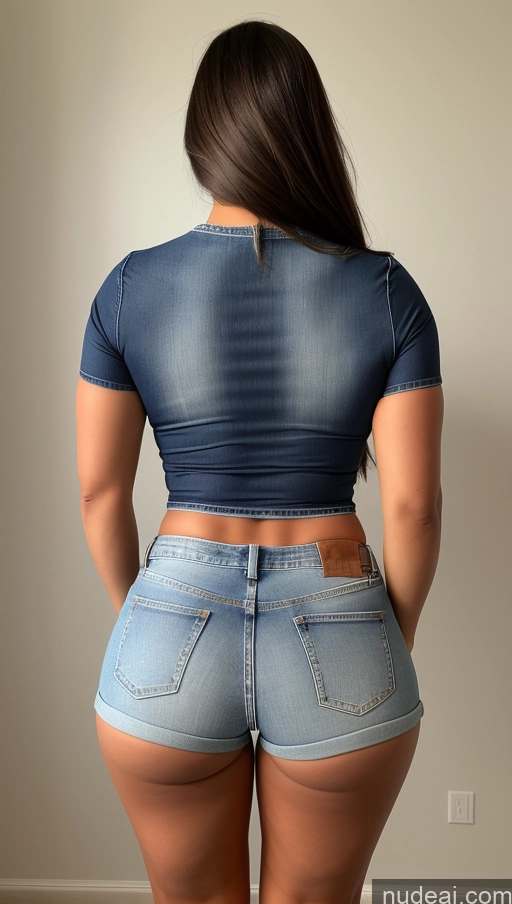 ai nude image of arafed woman in a blue shirt and jeans shorts standing in a room pics of Big Ass Big Hips Athlete Jeans Short Shorts Back View