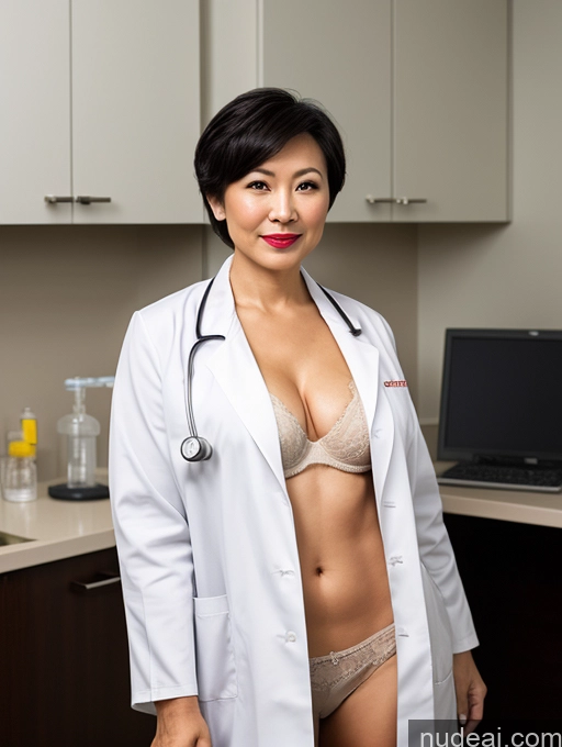 ai nude image of arafed woman in a lab coat and panties posing for a picture pics of Milf Perfect Boobs Lipstick Pixie Asian Bra Doctor Lab Coat Cleavage Partially Nude Dark Lighting