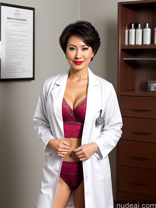 ai nude image of arafed woman in a lab coat and panties posing for a picture pics of Milf Perfect Boobs Lipstick Pixie Asian Bra Doctor Lab Coat Cleavage Partially Nude Dark Lighting