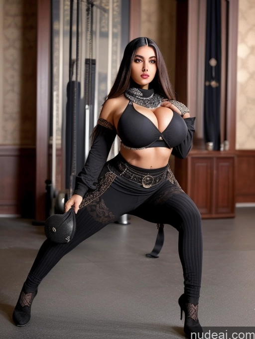 ai nude image of a woman in a black outfit is posing in a gym pics of Miss Universe Model Busty Huge Boobs One Perfect Boobs Muscular Abs Big Ass Huge Tits, Hard Nipples 20s Seductive Sexy Face Black Hair Ottoman Asena Gym Goth Working Out Vampire Victorian Better Leggins - Goth Scarf