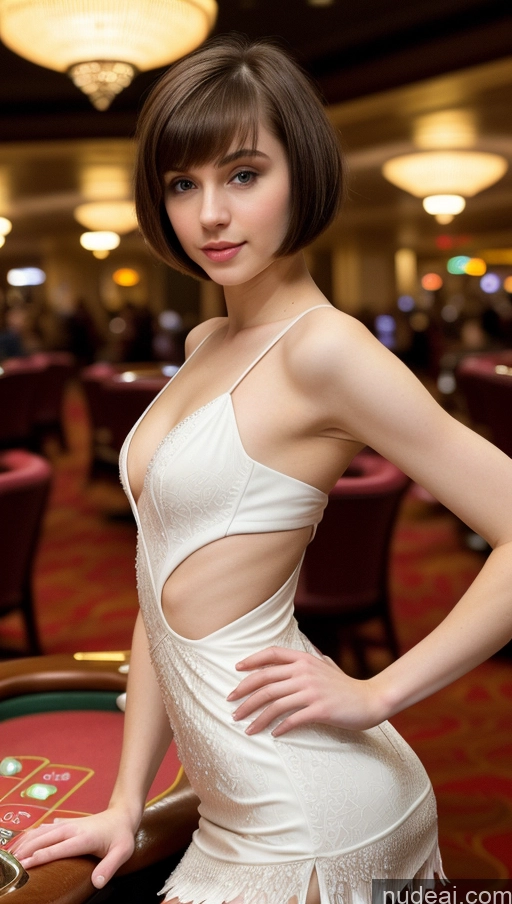 ai nude image of arafed woman in a white dress posing in a casino pics of Small Tits Beautiful Skinny Small Ass Fairer Skin 18 Brunette Short Hair Russian Dress Detailed Casino