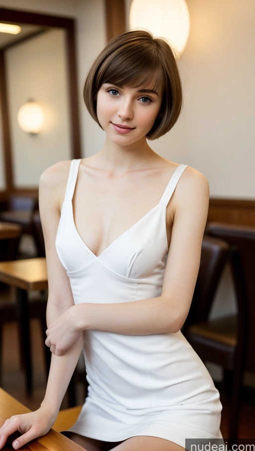 ai nude image of arafed woman in a white dress sitting at a table pics of Small Tits Beautiful Skinny Small Ass Fairer Skin 18 Brunette Short Hair Russian Dress Detailed Restaurant