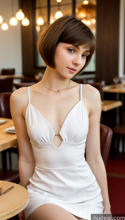 ai nude image of arafed woman in a white dress sitting at a table pics of Small Tits Beautiful Skinny Small Ass Fairer Skin 18 Brunette Short Hair Russian Dress Detailed Restaurant