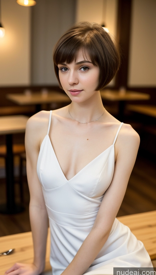 ai nude image of arafed woman in a white dress sitting on a table pics of Small Tits Beautiful Skinny Small Ass Fairer Skin 18 Brunette Short Hair Russian Dress Detailed Restaurant