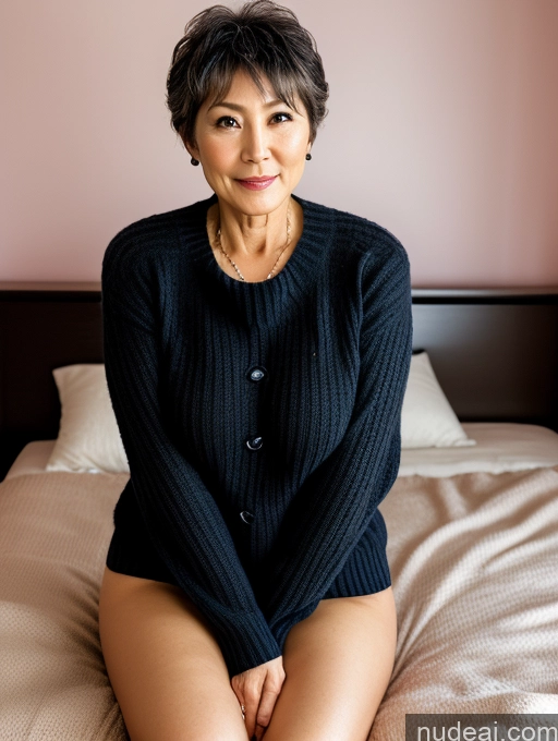 ai nude image of there is a woman sitting on a bed with a black sweater pics of Milf One Perfect Boobs Beautiful Perfect Body Pubic Hair 60s Pixie Japanese Bedroom Spreading Legs Sweater Dark Lighting