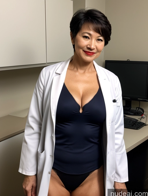 ai nude image of arafed woman in a black swimsuit and white lab coat pics of Milf Perfect Boobs Lipstick Pixie Asian Bra Doctor Lab Coat Cleavage Partially Nude Dark Lighting 60s