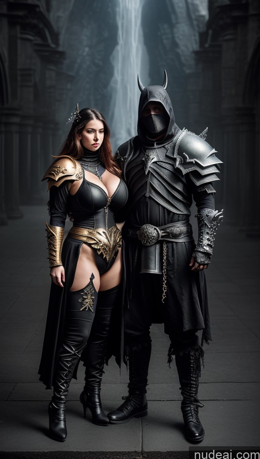 ai nude image of arafed woman in a black leather outfit and a man in a black costume pics of Woman + Man Huge Boobs Perfect Boobs Abs 18 Nude Detailed Gold Jewelry Death Knight Fantasy Armor Hell Surrealist Several Martial Arts Seductive Ginger Russian Big Hips Big Ass