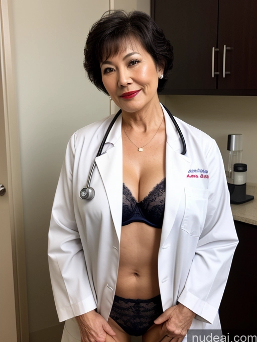 ai nude image of arafed woman in a lab coat and panties posing for a picture pics of Milf Perfect Boobs Lipstick Pixie Asian Bra Doctor Lab Coat Cleavage Partially Nude Dark Lighting 70s