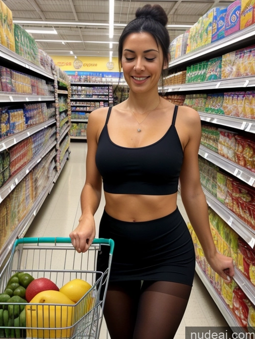 ai nude image of woman in black top and black shorts holding shopping cart in supermarket aisle pics of Small Tits Beautiful Black Hair Pantyhose 40s Orgasm Spreading Legs Czech Front View Teacher Hair Bun Skinny Grocery