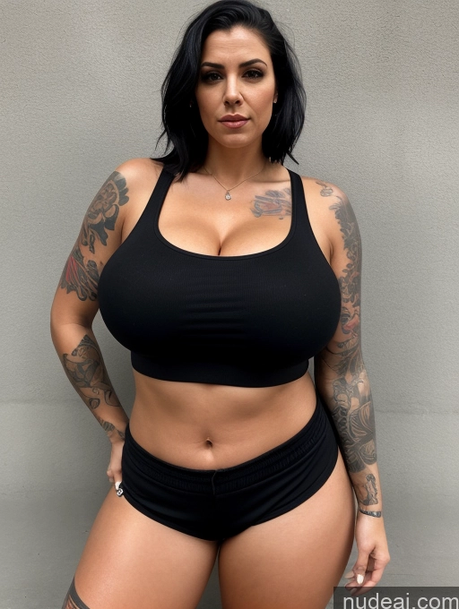 ai nude image of arafed woman with tattoos and a black top posing for a picture pics of Busty Huge Boobs Tattoos Big Ass Skinny Big Hips Short Pubic Hair 50s Serious Black Hair Slicked German Street Short Shorts