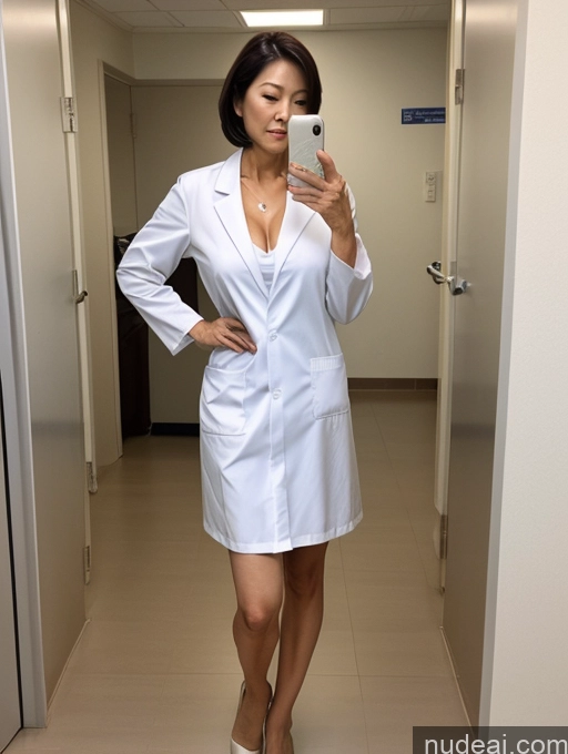 ai nude image of arafed woman in a white lab coat taking a selfie pics of Milf Perfect Boobs Perfect Body 60s Bobcut Chinese Hospital Doctor Lab Coat Panties Cleavage Partially Nude Stylish