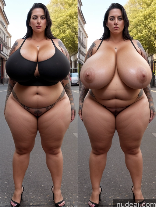 ai nude image of araffe woman with huge breasts posing for a picture in the street pics of Busty Huge Boobs Tattoos Big Ass Skinny Big Hips Short Pubic Hair 50s Serious Black Hair Slicked German Street Bending Over Onoff