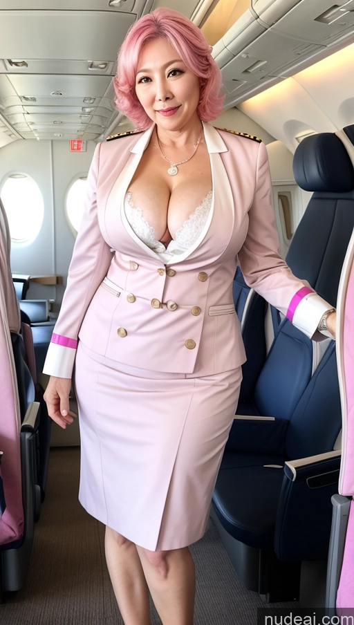 ai nude image of arafed woman in a pink dress and white shirt on a plane pics of Milf Busty Big Ass Big Hips Pubic Hair Fairer Skin Korean 60s Pink Hair Flight Attendant