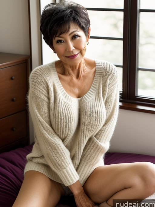 ai nude image of arafed woman sitting on a bed in a room with a window pics of Milf One Perfect Boobs Beautiful Perfect Body Pubic Hair 60s Pixie Japanese Bedroom Spreading Legs Sweater Dark Lighting