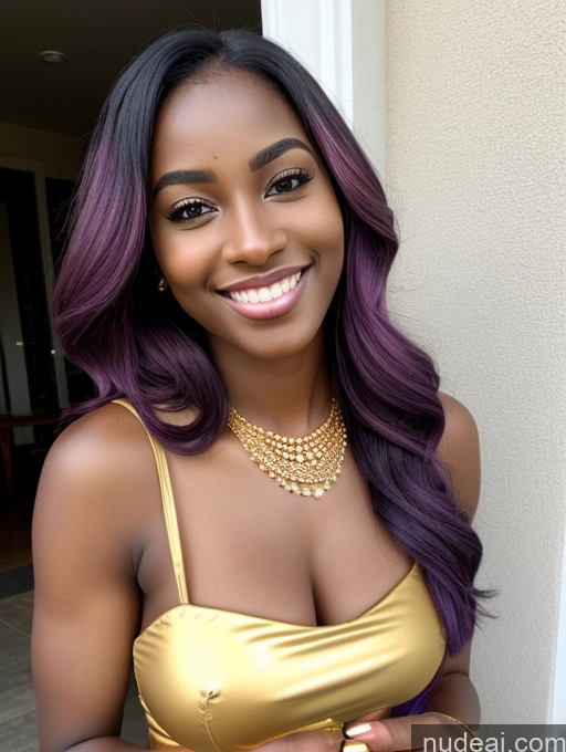 ai nude image of araffe woman with purple hair and a gold dress smiling pics of Wine Gold Jewelry Teacher High Heels Nigerian Dark Skin Tanned Skin Two Sorority Happy Seductive Sexy Face Purple Hair