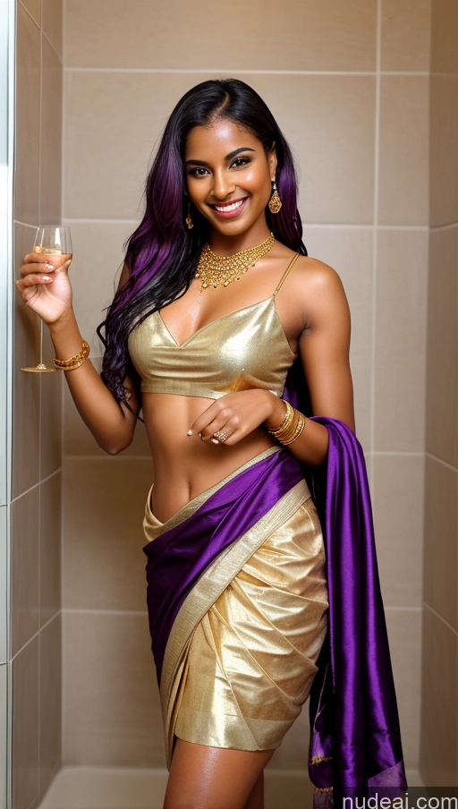 ai nude image of araffe woman in a gold and purple sari posing for a picture pics of Wine Gold Jewelry High Heels Dark Skin Tanned Skin Two Sorority Happy Seductive Sexy Face Purple Hair Shower Transparent Sari Latina